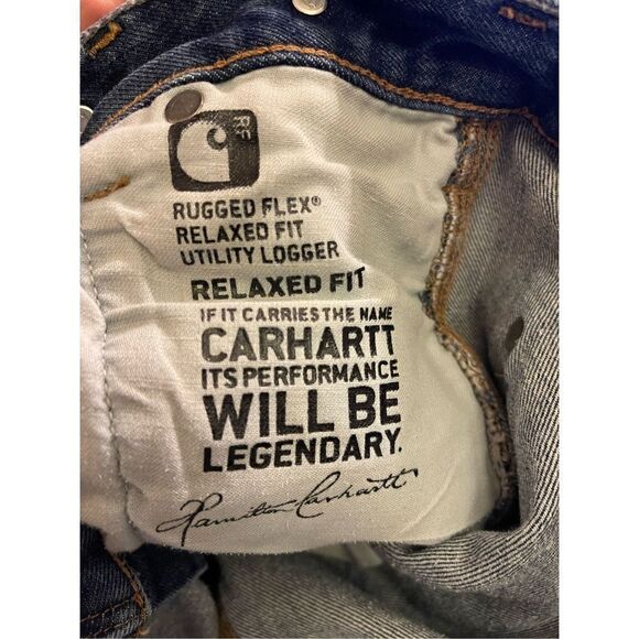 Distressed Carhartt Double knee Blue Denim Pants  Relaxed Fit Rugged Flex Utilit - Picture 5 of 16